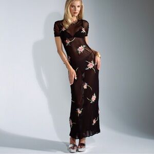 Vintage Vivienne Tam Floral Mesh Maxi 1990s Dress